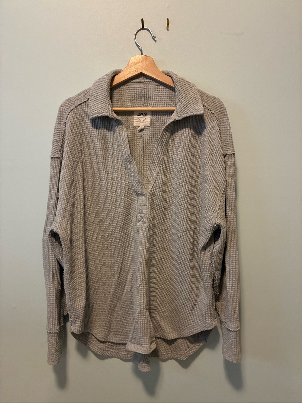 aerie Cozy Waffle Pullover — Light Gray